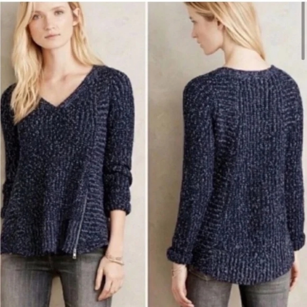 Moth Anthropologie Navy V Neck Woven Sweater Wool Alpaca Size Small